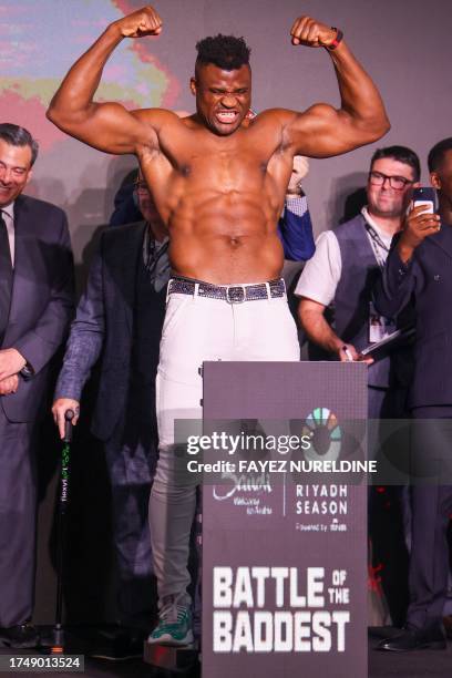 Cameroonian-French Francis Ngannou reacts during weigh-in on the eve of his bout against Britain's Tyson Fury in Riyadh on October 27, 2023.