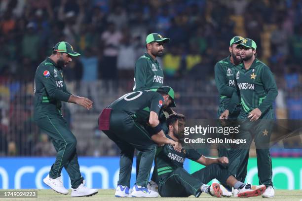 Pakistan's Haris Rauf celebrates the wicket of Lungi Ngidi of South Africa during the ICC Men's Cricket World Cup 2023 match between South Africa and...