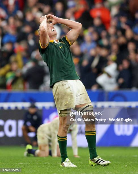 Pieter-Steph Du Toit of South Africa celebrates victory at full-time following the Rugby World Cup France 2023 match between England and South Africa...
