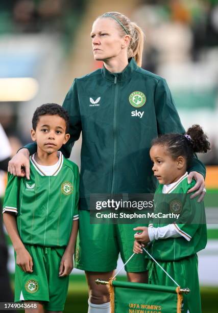 Dublin , Ireland - 27 October 2023; Diane Caldwell of Republic of Ireland, with her nephew Hakeem Abdou Bacar, and niece Farrah Abdou Bacar, before...