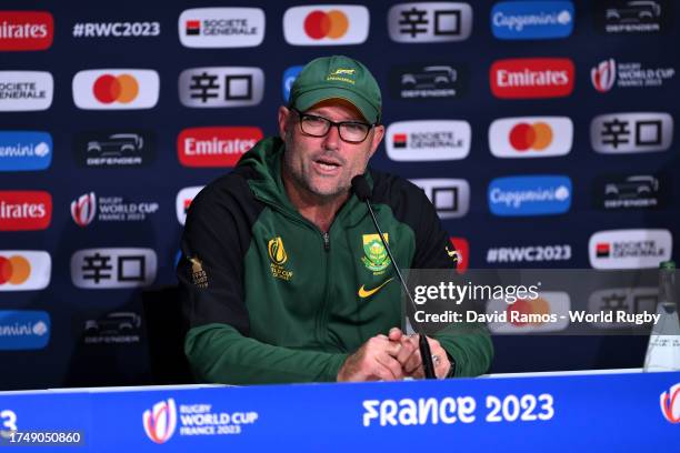 Jacques Nienaber, Head Coach of South Africa, speaks to the media in the post match press conference following the Rugby World Cup France 2023 match...