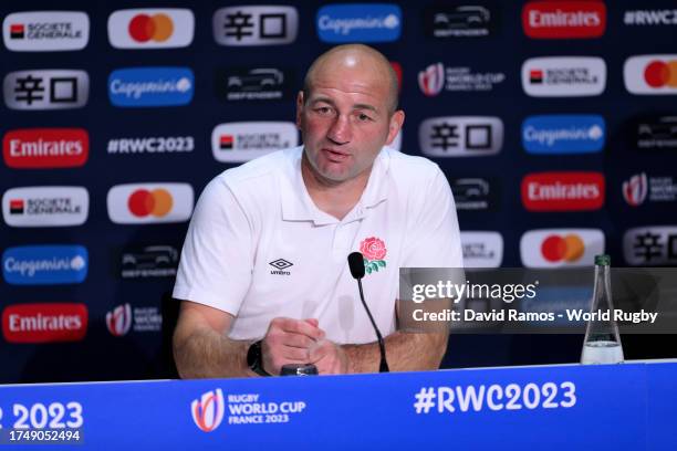 Steve Borthwick, Head Coach of England, speaks during post match press conference during the Rugby World Cup France 2023 match between England and...