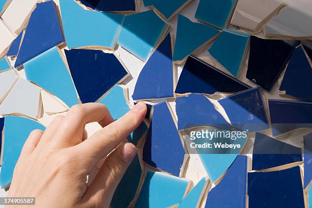 assorted blue colored mosaic tiles - marquetry stockfoto's en -beelden