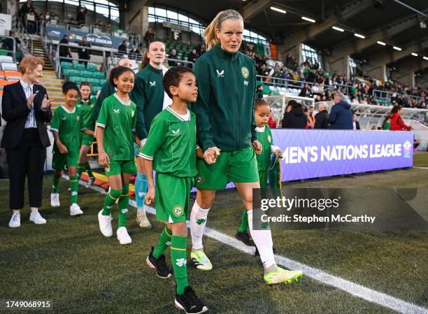 Dublin , Ireland - 27 October 2023; Diane Caldwell of Republic of Ireland, with her nephew Hakeem Abdou Bacar, and niece Farrah Abdou Bacar, before...