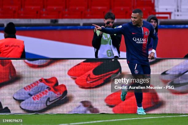 Kylian Mbappe of Paris Saint-Germain reacts during the Ligue 1 Uber Eats match between Paris Saint-Germain and RC Strasbourg at Parc des Princes on...