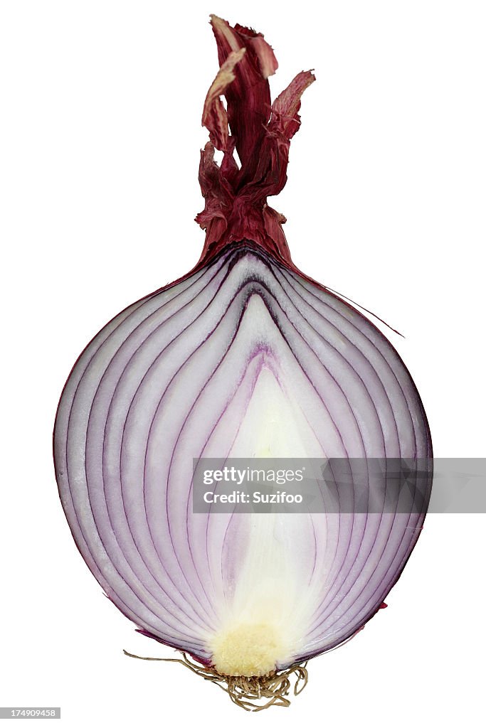 A red onion cut in half on white