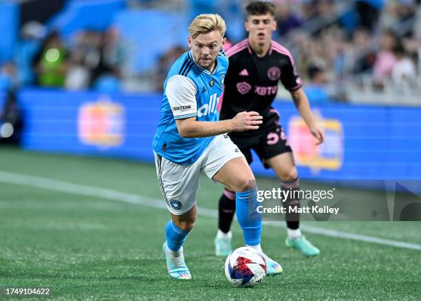 Kamil Jóźwiak of Charlotte FC controls the ball during the first half in the game against the Inter Miami at Bank of America Stadium on October 21,...