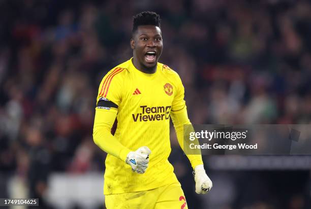 Andre Onana of Manchester United celebrates the Manchester United first goal during the Premier League match between Sheffield United and Manchester...