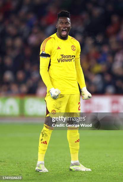 Andre Onana of Manchester United celebrates the Manchester United first goal during the Premier League match between Sheffield United and Manchester...