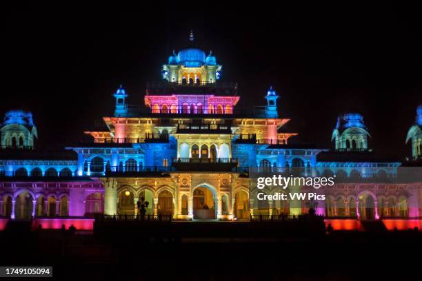 Albert Hall museum city palace illuminated at night in Jaipur Rajasthan, India. This is one of the excursion of the Luxury train Maharajas express.