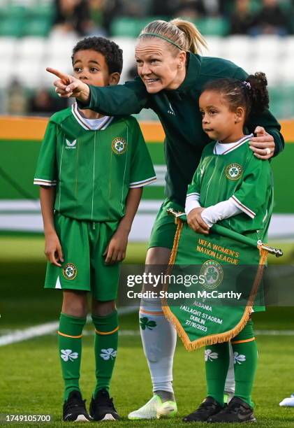 Dublin , Ireland - 27 October 2023; Diane Caldwell of Republic of Ireland, with her nephew Hakeem Abdou Bacar, and niece Farrah Abdou Bacar, before...