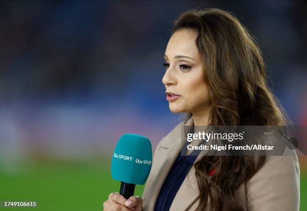 Seema Jaswal ITV TV Presenter interview before the UEFA Womens Nations League match between England and Belgium at The King Power Stadium on October...