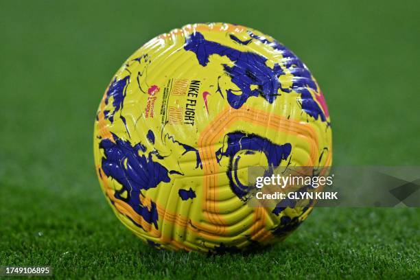 Nike 'Flight' 2023-2024 ball is pictured on the pitch ahead of the English Premier League football match between Crystal Palace and Tottenham Hotspur...