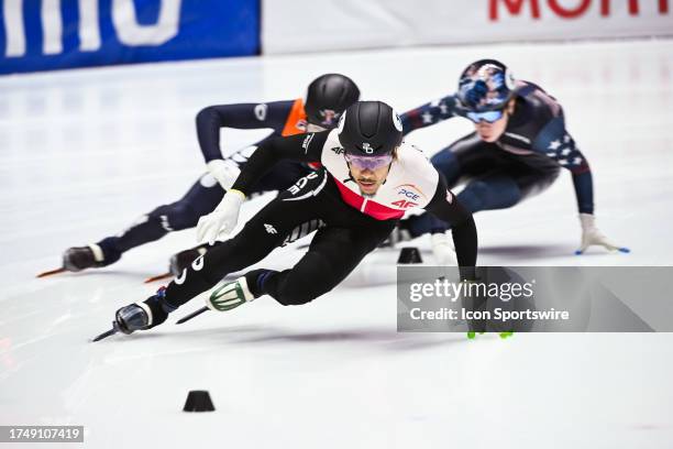 Diane Sellier leads the first turn during the 500m preliminary race at ISU World Cup Short Track 2 on October 27 at Maurice-Richard Arena in...