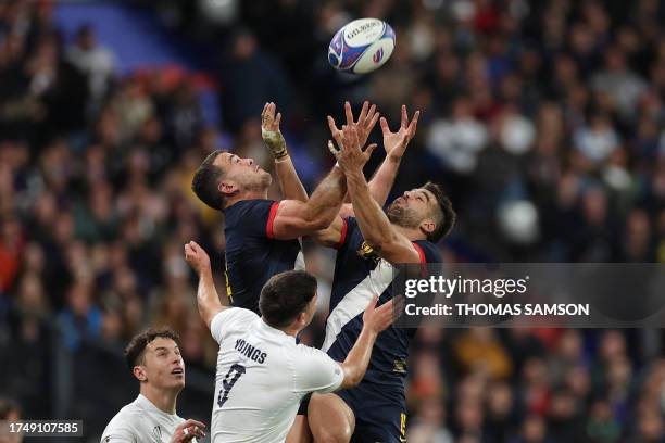 Argentina's right wing Emiliano Boffelli and Argentina's full-back Juan Cruz Mallia try to catch the ball during the France 2023 Rugby World Cup...