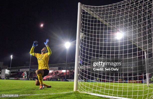 Dublin , Ireland - 27 October 2023; Shamrock Rovers goalkeeper Alan Mannus watches the ball rebound off the crossbar during the SSE Airtricity Men's...