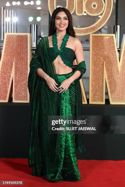 Bollywood actress Bhumi Pednekar poses upon her arrival for the opening ceremony of "Jio MAMI Mumbai Film Festival 2023" in Mumbai on October 27,...