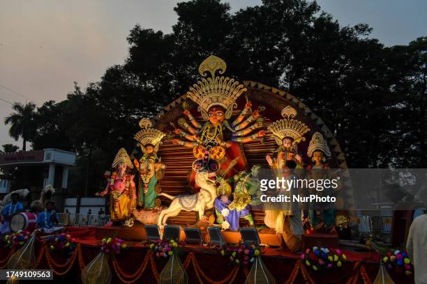 Durga idols as seen during Durga puja carnival in Kolkata , India , on 27 October 2023 .