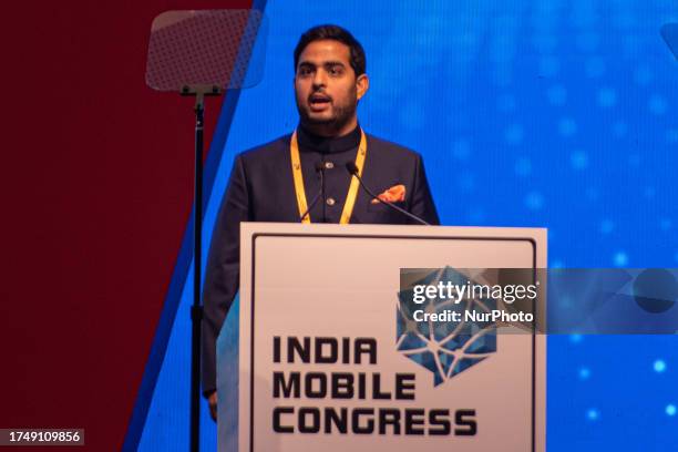 Reliance Jio chairman, Akash Ambani, speaks at the inauguration of the Indian Mobile Congress 2023, at the Bharat Mandapam, in New Delhi, India on...