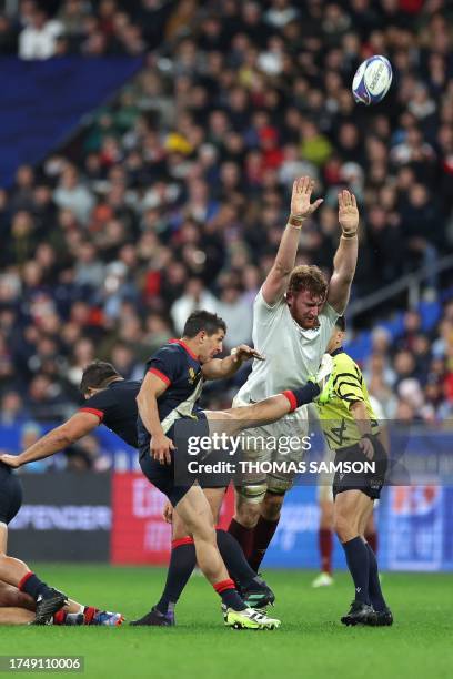 Argentina's scrum-half Tomas Cubelli clears the ball out of a ruck during the France 2023 Rugby World Cup third-place match between Argentina and...