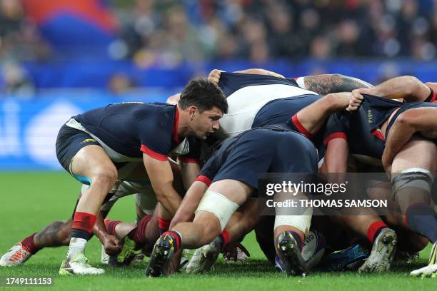 Argentina's scrum-half Lautaro Bazan feeds the scrum during the France 2023 Rugby World Cup third-place match between Argentina and England at the...