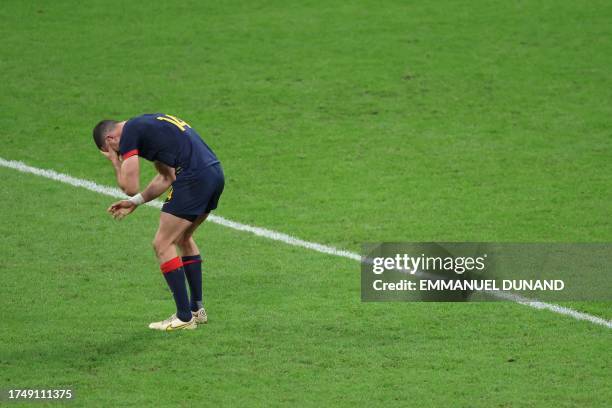 Argentina's right wing Emiliano Boffelli reacts during the France 2023 Rugby World Cup third-place match between Argentina and England at the Stade...