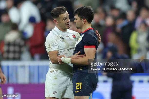 England's scrum-half Danny Care greets Argentina's scrum-half Lautaro Bazan after the France 2023 Rugby World Cup third-place match between Argentina...