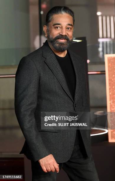 Bollywood actor Kamal Haasan poses upon his arrival for the opening ceremony of "Jio MAMI Mumbai Film Festival 2023" in Mumbai on October 27, 2023.