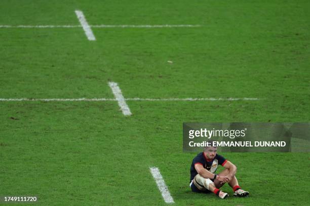 Argentina's left wing Mateo Carreras reacts at the end of the France 2023 Rugby World Cup third-place match between Argentina and England at the...