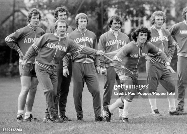Kevin Keegan of England is held back by Dennis Tueart during a training session in the build up to a FIFA World Cup qualification match against...