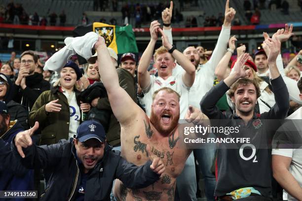 England supporters celebrate after their team won the France 2023 Rugby World Cup third-place match between Argentina and England at the Stade de...