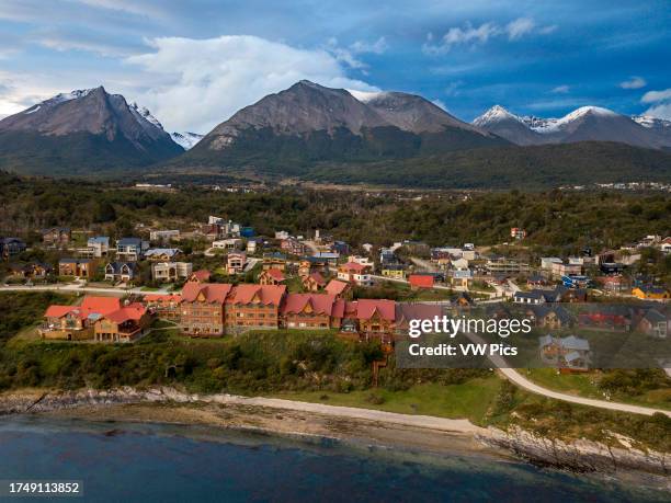 Drone aerial view of luxury Los Cauquenes hotel, Cauquen Bay, Tierra del Fuego, Argentina.