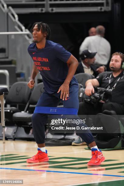 Tyrese Maxey of the Philadelphia 76ers warms up before the game against the Milwaukee Bucks on October 26, 2023 at the Fiserv Forum Center in...