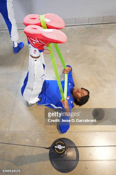 Tyrese Maxey of the Philadelphia 76ers warms up before the game against the Milwaukee Bucks on October 26, 2023 at the Fiserv Forum Center in...