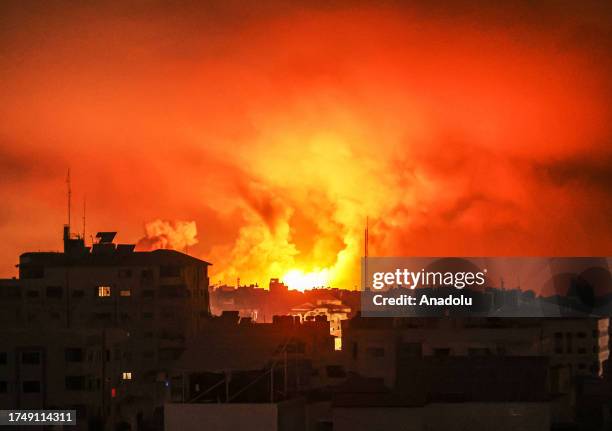 Smoke rises and billows in different regions of Gaza as the Israeli army conducts the most intense air attacks on the 21st day in Gaza Strip, Gaza on...