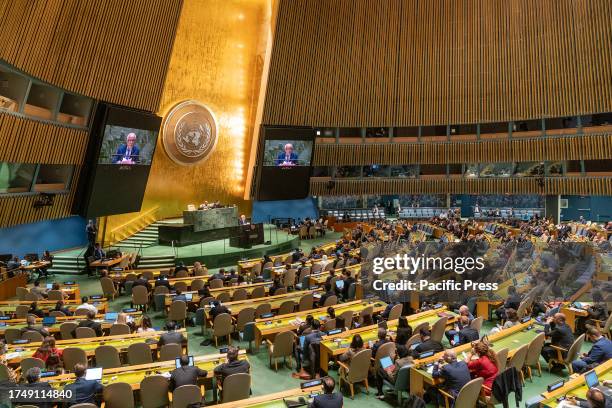 Riyad Mansour, Permanent Observer of the State of Palestine to the United Nations speaks during the 39th Plenary Meeting of General Assembly at UN...