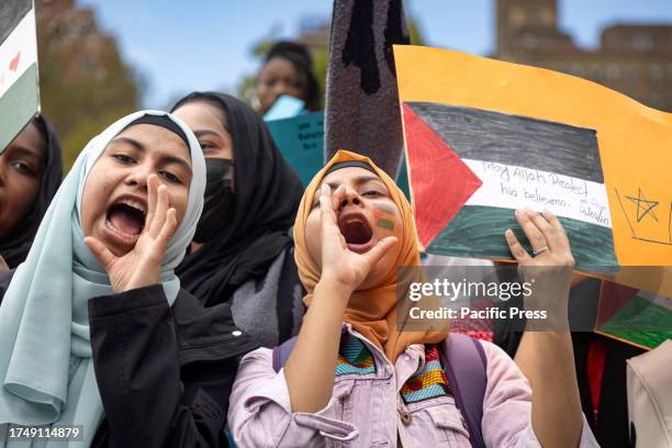 Students from New York University protest the Israel-Hamas war during a rally as students call for a ceasefire in Gaza. Planned walkouts by students...