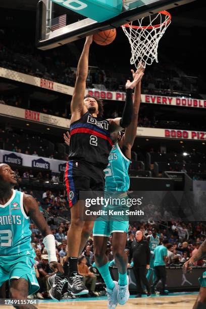 Cade Cunningham of the Detroit Pistons shoots the ball during the game against the Charlotte Hornets on October 27, 2023 at Spectrum Center in...