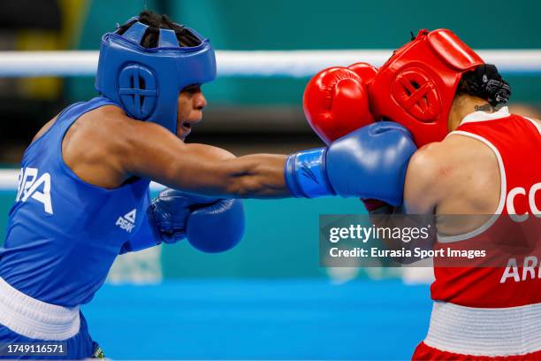 Brazilian Tatiana Regina de Jesus Chagas and Colombian Yeni Arias compete for the gold medal in women's boxing under 54kg on Day 7 of Santiago 2023...