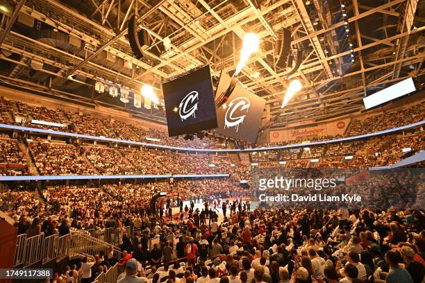 View of the Rocket Mortgage FieldHouse before the Oklahoma City Thunder game against the Cleveland Cavaliers on October 27, 2023 at Rocket Mortgage...