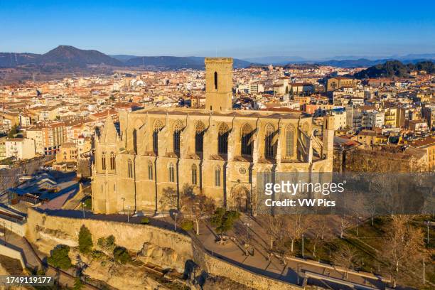 Aerial view of Gothic cathedral Collegiate Basilica of Santa Maria Seu in Manresa city in Barcelona province Catalunya country Spain