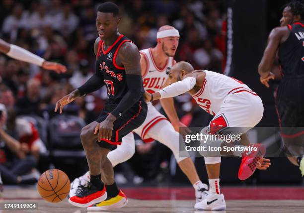 Toronto Raptors guard Dennis Schroder in action during a NBA game between the Toronto Raptors and the Chicago Bulls on October 27, 2023 at the United...