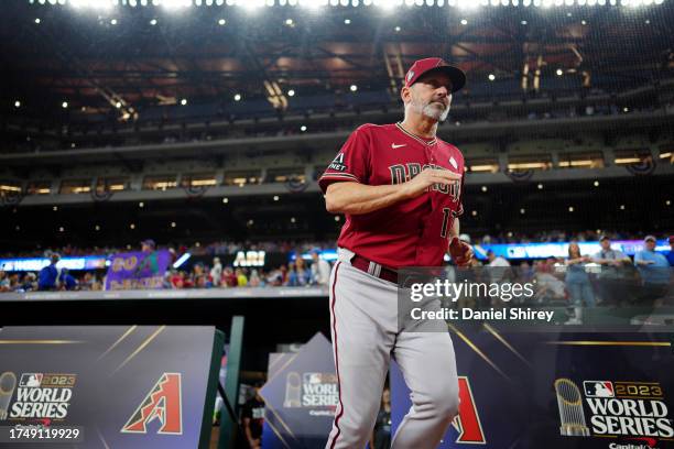 Manager Torey Lovullo of the Arizona Diamondbacks takes the field prior to Game 1 of the 2023 World Series between the Arizona Diamondbacks and the...