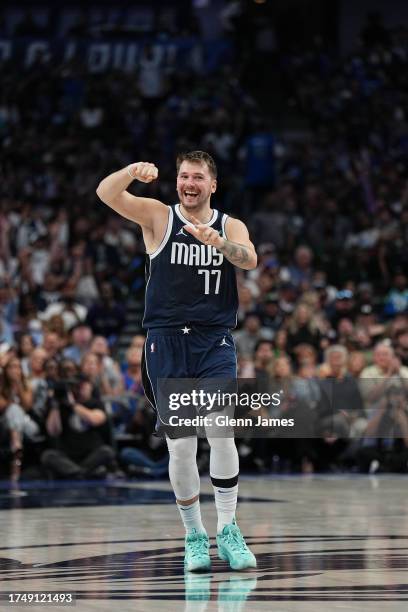 Luka Doncic of the Dallas Mavericks celebrates during the game against the Brooklyn Nets on October 27, 2023 at the American Airlines Center in...