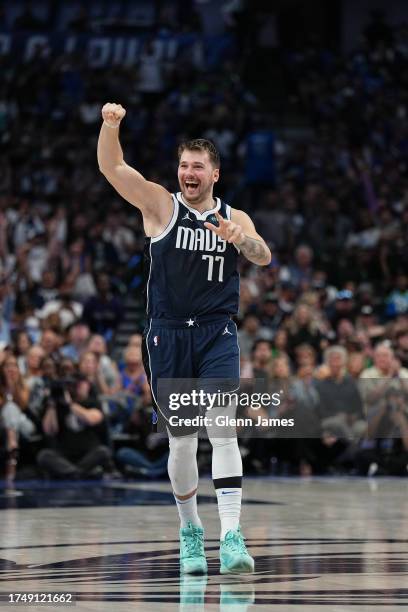 Luka Doncic of the Dallas Mavericks celebrates during the game against the Brooklyn Nets on October 27, 2023 at the American Airlines Center in...