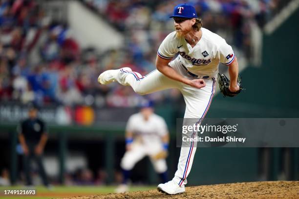 Jon Gray of the Texas Rangers pitches during Game 1 of the 2023 World Series between the Arizona Diamondbacks and the Texas Rangers at Globe Life...