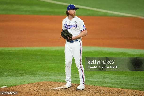 Jon Gray of the Texas Rangers pitches during Game 1 of the 2023 World Series between the Arizona Diamondbacks and the Texas Rangers at Globe Life...