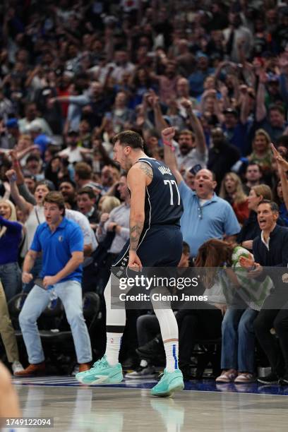 Luka Doncic of the Dallas Mavericks celebrates during the game against the Brooklyn Nets on October 27, 2023 at the American Airlines Center in...