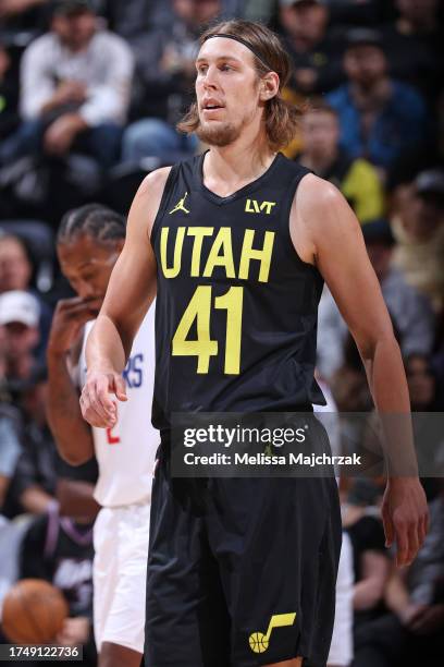 Kelly Olynyk of the Utah Jazz looks on during the game against the LA Clippers on October 27, 2023 at Delta Center in Salt Lake City, Utah. NOTE TO...