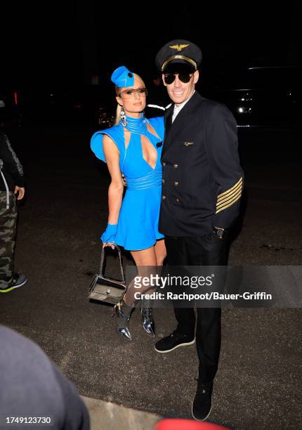 Paris Hilton and Carter Reum are seen at the annual "Casamigos" Halloween party on October 27, 2023 in Los Angeles, California.